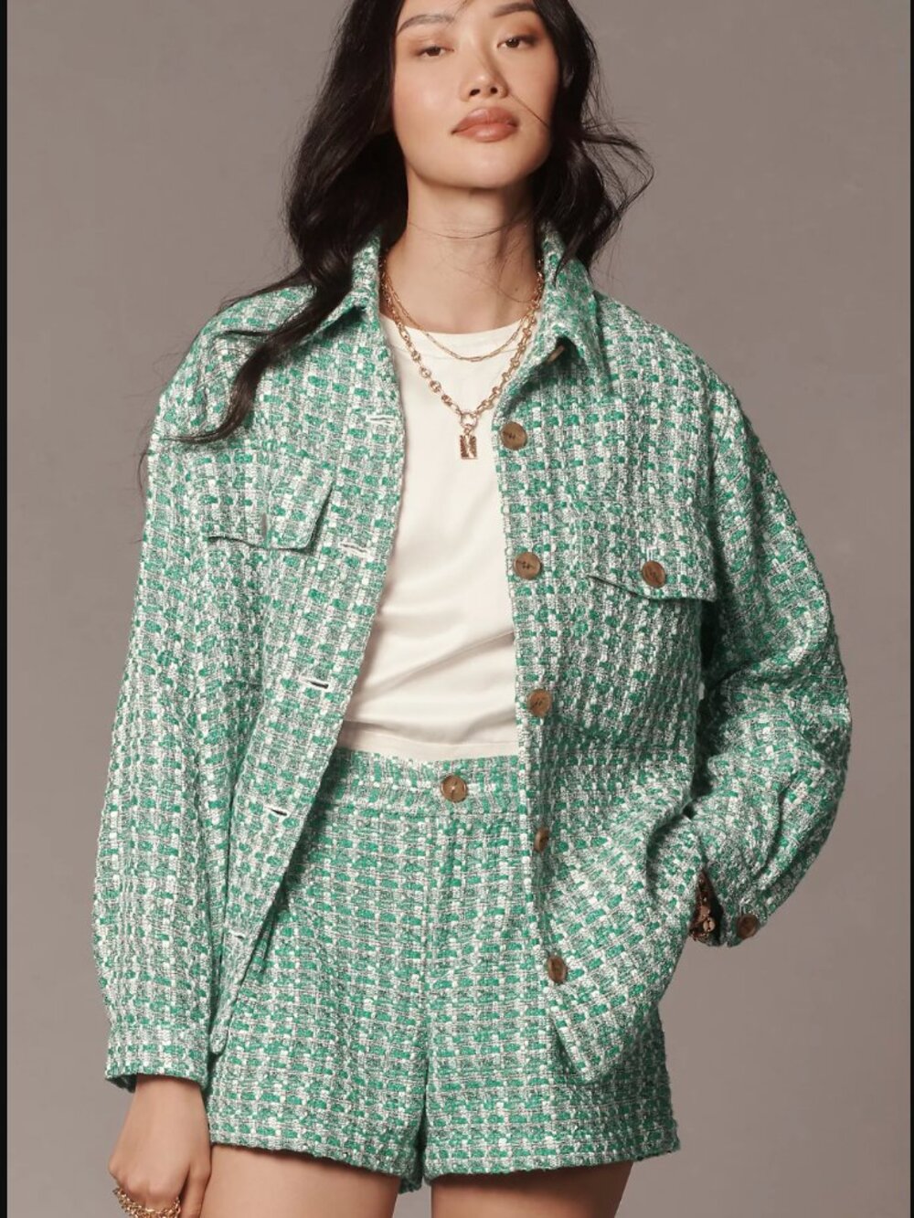 Anthropologie x Maeve Green White Tweed Button-Front Jacket Shacket $138.00